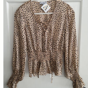 NWT Mobwife smocked animal print blouse Bell wrist laceup balloon sleeve sz S
